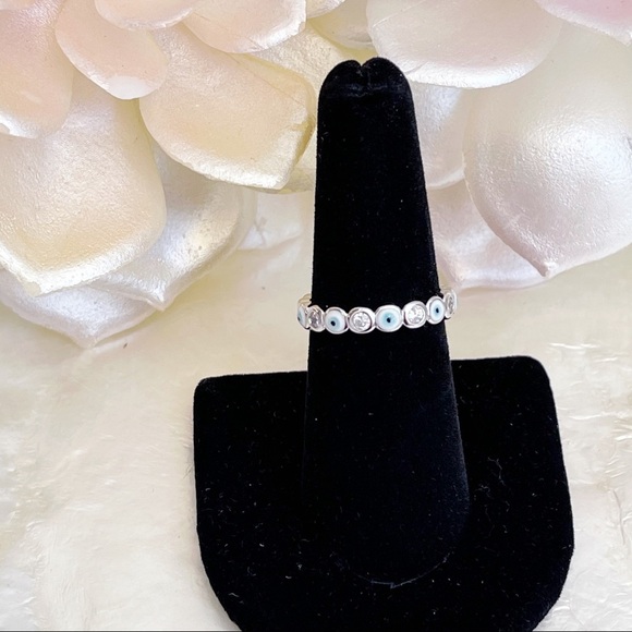 Silver Plated White Blue CZ Evil Eye Eternity Ring - Picture 2 of 7